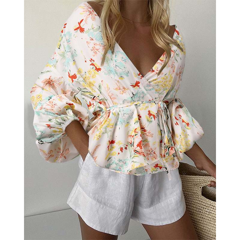 CHICDEAR Casual Bohemian Wrap Blouses 2023 Summer Women Chemise Sexy Deep V-Neck Lantern Long Sleeve Party Shirt Floral Print Tops