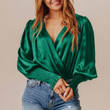 CHICDEAR Women's Blouses 2023 Fashion Tunic Tops Casual Sexy V Neck Slik Satin Shirts Ladies Elegant Long Puff Sleeve Party Blusas