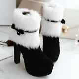 CHICDEAR Fur Ankle High Heels Chelsea Snow Boots Women Winter 2023 New Brand Short Plush Warm Boots Ladies Shoes Bow Sexy Pumps Botas