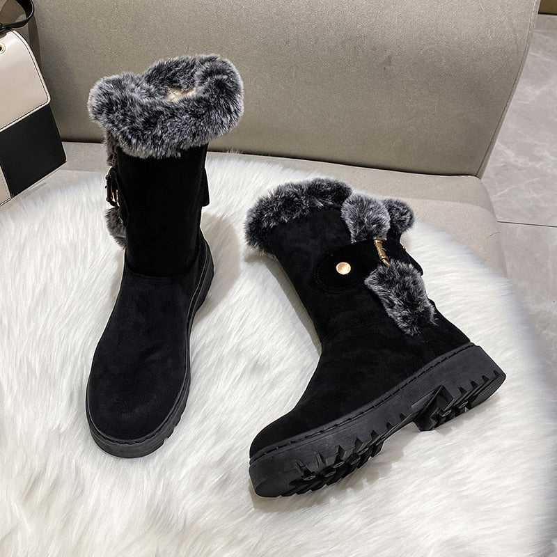 CHICDEAR Women Ankle Chelsea Boots Fur Winter Shoes 2023 New Designer Suede Warm Short Plush Snow Boots Flats Shoes Goth Motorcycle Botas