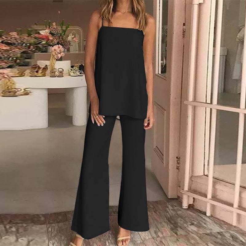 CHICDEAR 2023 Summer 2 PCS Pant Sets Women Leisure Loose Straps Sleeveless Tops And Flared Trousers Suits Fashion Matching Sets