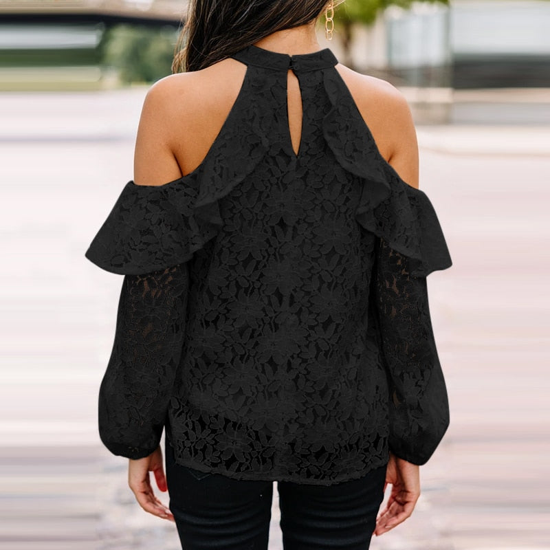 CHICDEAR Women Sexy Off Shoulder Halter Tops 2023 Fashion Summer Ruffles Stitching Shirts Solid Lace Blusas Puff Sleeve Blouses