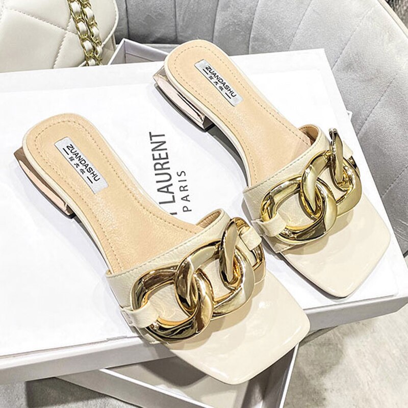 CHICDEAR Slippers Women Summer 2023 New Chain Chunky Flats Sandals Casual Slides Fad Women Square Toe Mules Shoes Beach Dress Flip Flops