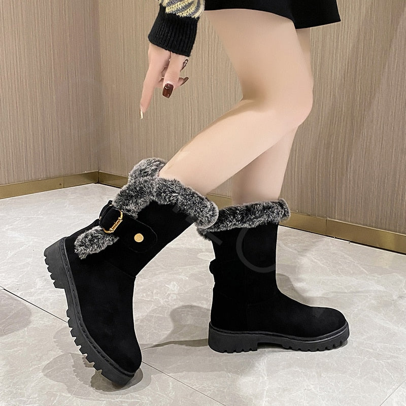 CHICDEAR Women Ankle Chelsea Boots Fur Winter Shoes 2023 New Designer Suede Warm Short Plush Snow Boots Flats Shoes Goth Motorcycle Botas