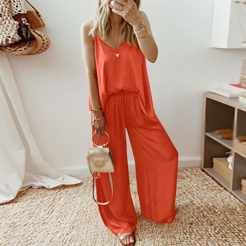 CHICDEAR Women Casual Spaghetti Strap Camisoles And Wide Leg Long Trousers Outfits Loose 2023 Summer Satin 2 Piece Sets Pant Sets