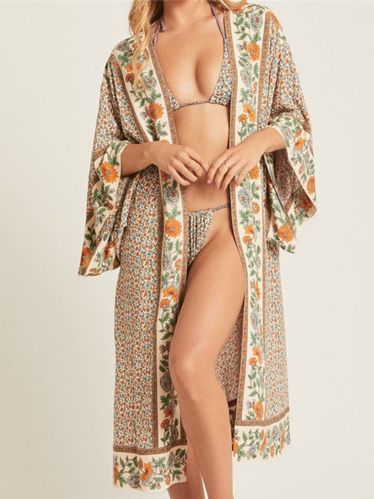 CHICDEAR 2023 Bohemian Printed Plus Size Women Summer Beach Wear Long Tops And Blouse Sexy Self Belted Kimono Cardigan Sarong Plage Q803
