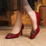 Chicdear Banquet Wedding Women's Stiletto High Heel Square Head Wine Red Ladies Shoes Shallow Mouth Gold Chain Female Single Shoes
