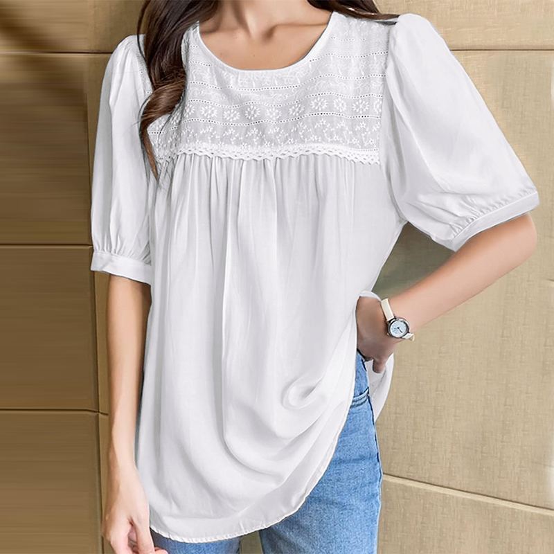 CHICDEAR 2023 Summer Women Top Fashion Short Puff Sleeve Blouses Elegant Solid Tops Pleats Holiday Lace Stitching Round Neck Shirt