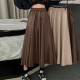 CHICDEAR Korean Fashion Skirts Women High Waist PU Leather Midi Skirt 2023 Autumn Elegant Pleated Faux Leather Long Jupes Femme