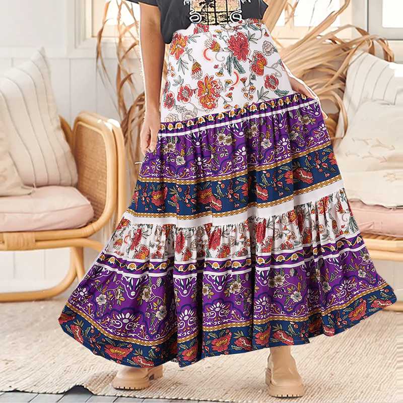 CHICDEAR Floral Printing A-Line Maxi Skirts Stitching Pleats Holiday Bohemian Casual Loose Long Skirt Fashion Women Swing Faldas