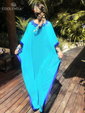 CHICDEAR 2023 Blue Bohemian Embroidered Batwing Sleeve Side Split Summer Beach Dress Chiffon Tunic Women Plus Size Beachwear Kaftan Q746