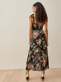 Chicdear Summer Women Midi Dress With Lining Floral Print Square Collar Holiday Sleeveless Sexy Party Long Split Dress