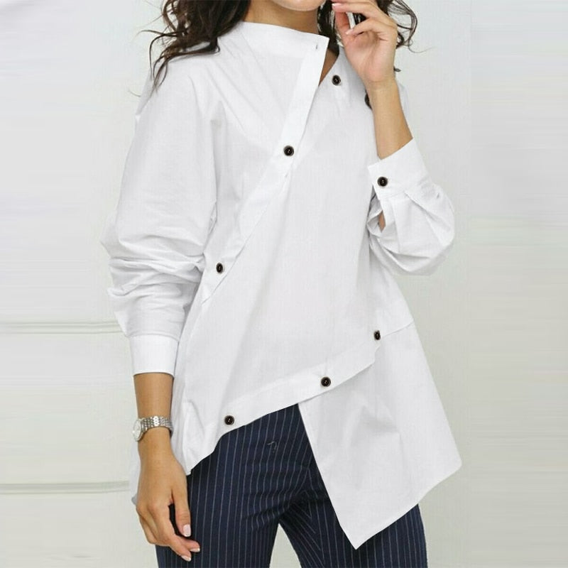 CHICDEAR Fashion Asymmetrical Hem Shirt Women Casual Long Sleeve Streetwear Blouse 2023 Autumn Chic Buttons Splicing Tops Femme