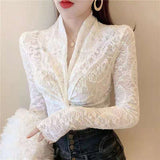 CHICDEAR Women's Sexy Lace Floral Blouses Hollow Out Deep V Neck Long Sleeve Shirt Top Women Fashion Tie Slim Fit Shirts Clothes