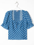 Chicdear Summer Women Blue Polka Dot Print Shirt Retro Elastic Ruched Back Square Collar Short Sleeve Short Blouse Tank Tops