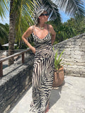 CHICDEAR 2023 Sexy Spaghetti Strap Side Split Beach Dress Summer Sundress Women Clothes Elegant Zebra Back Open Club Party Dresses A1144