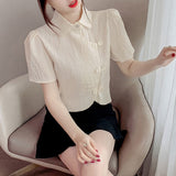 CHICDEAR Vintage Turndown Collar Short Blouse Women Elegant Chic Retro Buckle Crop Tops Woman National Style Cheongsam Shirts