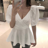 CHICDEAR Sexy Women Peplum Tops Casual Elegant Wrap Deep V-Neck Tunic Holiday Office Puff Short Sleeve Waisted Blouse Ruffle Shirt