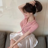 CHICDEAR White Pink Crop Top For Women Korean Slim Fit Folds Buttons Turndown Collar T-Shirts Woman Sexy High Waist Club T Shirt