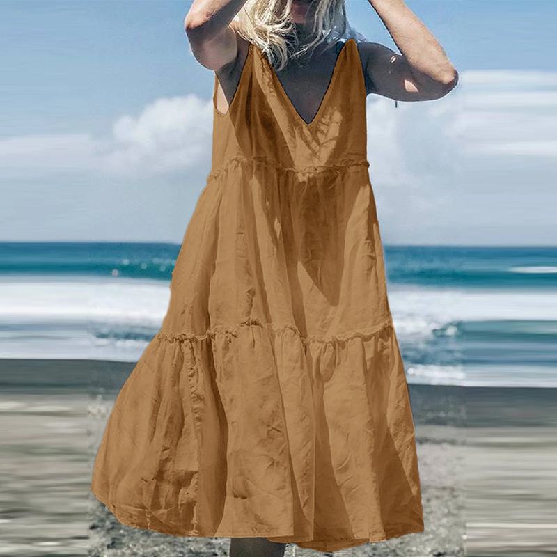 CHICDEAR Summer Sleeveless Pleats Midi Dresses Women 2023 Fashion Holiday V Neck Straps Beach Dress Casual Loose Yellow Sundress