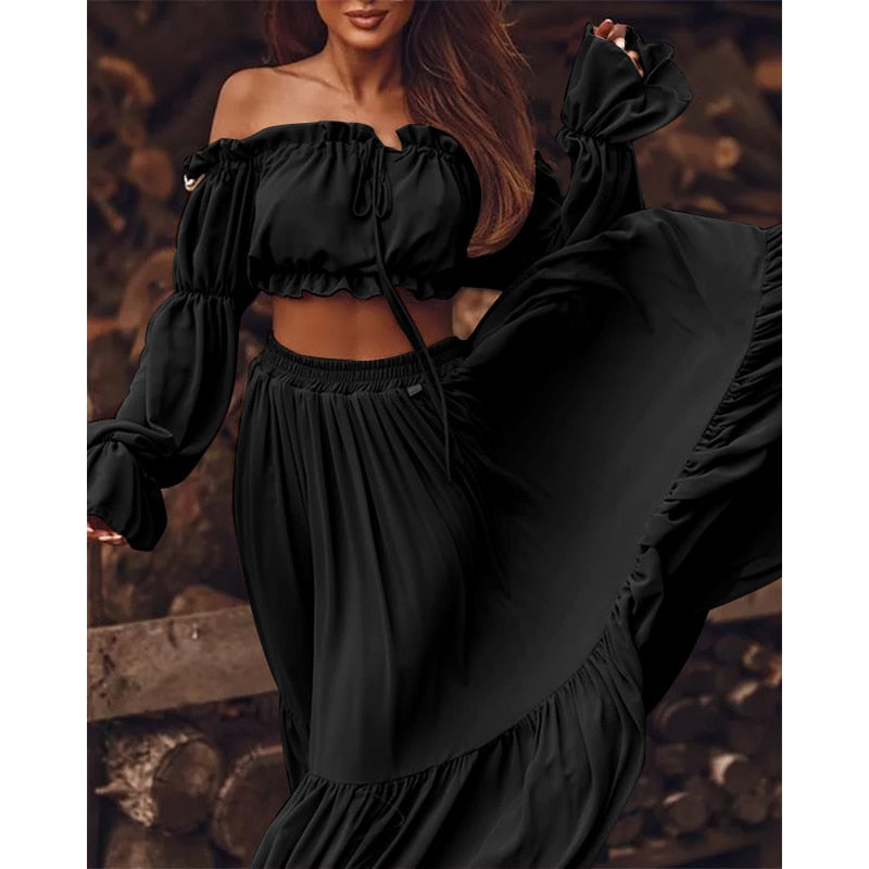 CHICDEAR Ruffled Beach Short Tops And Pleated Maxi Skirt Sets Holiday Elegant Lady 2023 Fashion Casual Sets Two-Piece Dress Sets