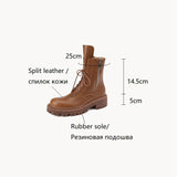 Chicdear -NEW Fall Shoes Women Split Leather Boots Round Toe Chunky Heel Women Shoes Winter Solid Lace-up Short Boots Western Boots Women