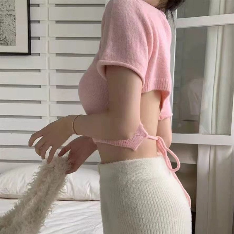 CHICDEAR Summer Bandage Knitting Crop Tops Women 2023 Korean Style Slim Fit Short Sleeve T-Shirts Woman Pink Sweet O-Neck Tees