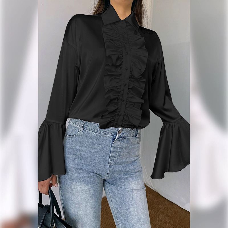 CHICDEAR Blouses Autumn Fashion Long Flare Sleeve Tops Tunics 2023 Lapel Casual Solid Ruffled Shirts Ladies Elegant Office Blusas