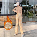 CHICDEAR Winter Warm Plush Plaid Pants Women Casual Loose Thick Wide Leg Trousers Female Student Y2K High Waist Straight Pants