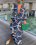 CHICDEAR Sexy Casual Women Loose Long Sleeve Round Maxi Dress Going Out Neck Abstract Print Lantern Sleeve Shirt Dress