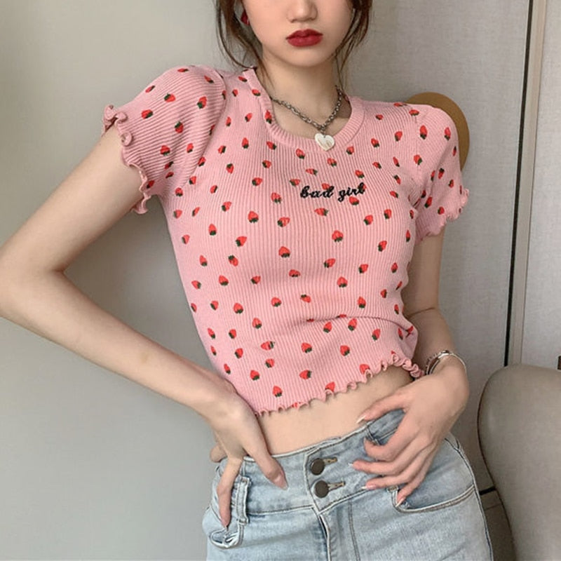 CHICDEAR Korean Sweet Pink Short Sleeve T-Shirts Women Summer Printing Ruffles O-Neck Knit Tees Woman Elastic Slim Fit Crop Tops
