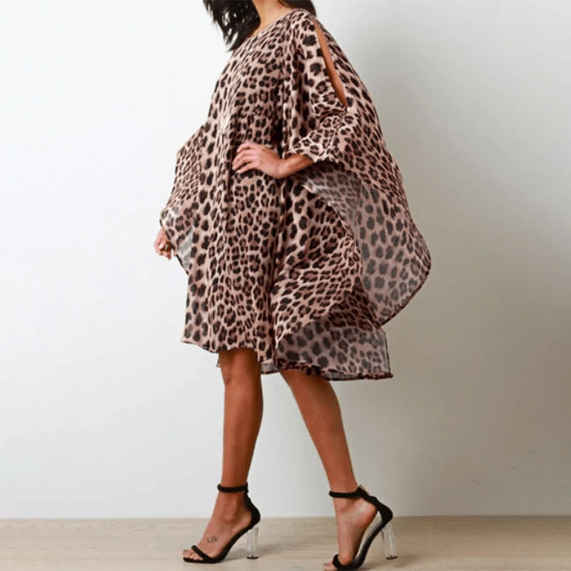 CHICDEAR Women Bat Sleeve Robes Sexy 2023 Summer Mini Dress Casual Loose Hollow Out Sundress Leopard Print Fashion O-Neck Vestidos