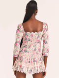 Chicdear Women Fashion Pink Floral Print Mini Dress Summer Holiday Beach Half Sleeves Bow Tie Embroidery Short Dress Vestidos