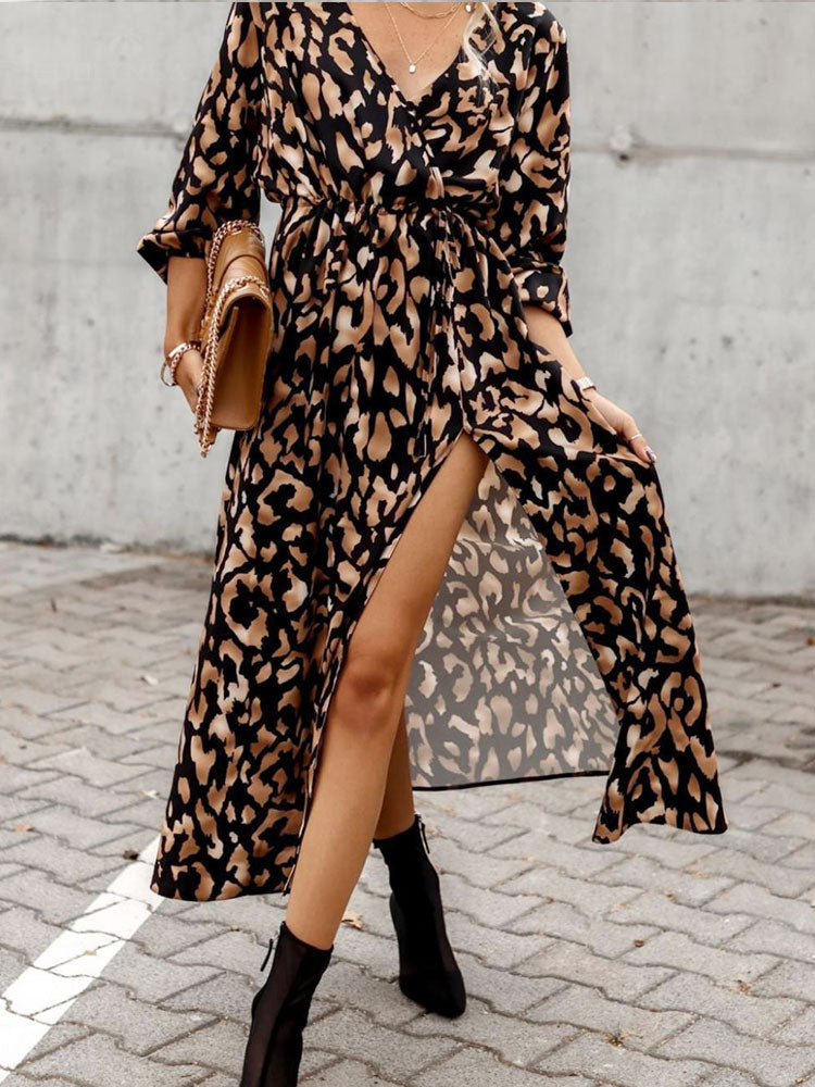 CHICDEAR Bohemian Leopard Print V Neck Dress 2023 Autumn Fashion Loose Beachwear Long Sleeve Side Split Maxi Dress Women Vestidos A2005