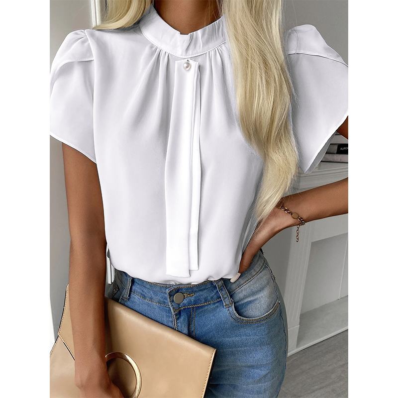 CHICDEAR Fashion Stand Collar Blouse Office Lady Elegant Blusas Leisure Solid Color Shirt Summer All-Match Women Short Sleeve Tops