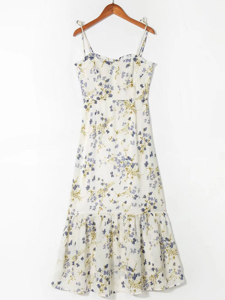 Chicdear Summer Women Long Dress Floral Print Spaghetti Straps Lining Boho Back Zipper Elastic Party Midi Dress