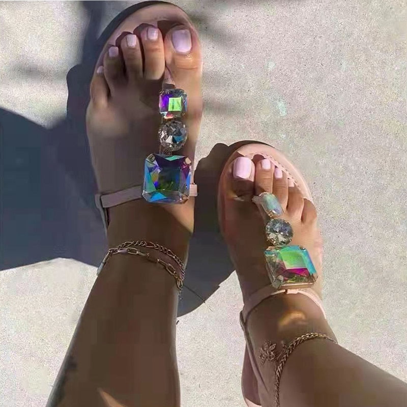 CHICDEAR Sandals Women Slippers 2023 New Summer Open Toe Shoes Roman Crystal Fashion Dress Slides Beach Clip Toe Shallow Flip Flops Mujer
