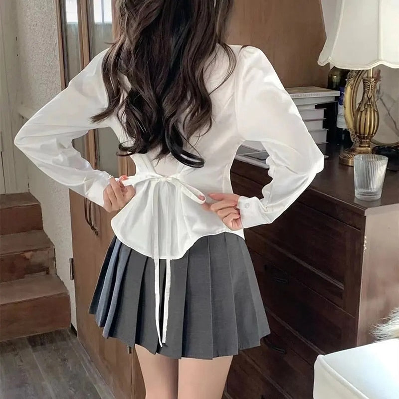 CHICDEAR Sexy Slim Fit White Shirt Women Autumn New Preppy Style Long Sleeve Blouses Ladies 2023 Fashion Button Up Short Blouse