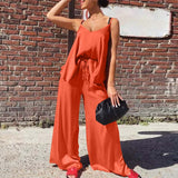 CHICDEAR Women Casual Spaghetti Strap Camisoles And Wide Leg Long Trousers Outfits Loose 2023 Summer Satin 2 Piece Sets Pant Sets
