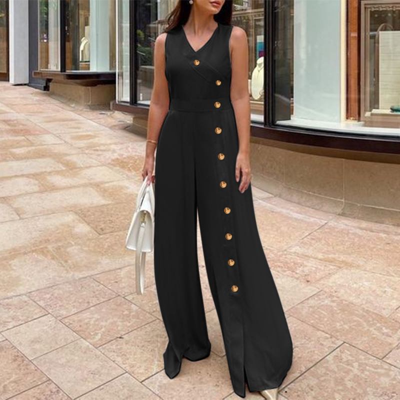 CHICDEAR Fashion Wide Leg Pant Jumpsuits Women 2023 Summer Sleeveless V Neck Waisted Long Rompers Casual Buttons Split Playsuits