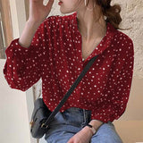 CHICDEAR Elegant Polka Dot Shirts Women Korean Fashion Stand Collar Button Up Blusas 2023 Autumn Puff Sleeve Blouse Office Chemise