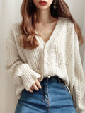 CHICDEAR 2023 Women Spring Summer Knit Cardigans Low V-Neck Knit Tops Long Sleeve Flare Hollow Out Sexy Cardigan Loose White Tops