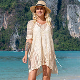 CHICDEAR White Crochet Tunic Women Bikini Cover-Ups Sexy Hollow Out Short Sleeve Tassel Summer Dress Beach Wear Swim Suit Cover Up Q1401