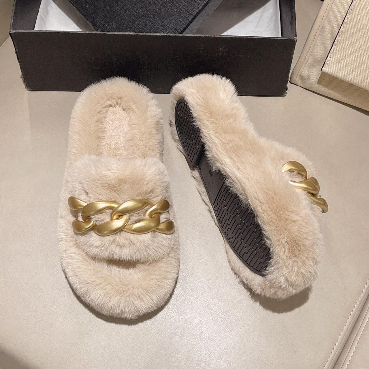 CHICDEAR Fur Slippers Women New Winter 2023 Fashion Chain Plush Flip Flops Platform Home Cotton Shoes Flats Boots Casual Warm Zapatos