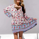 CHICDEAR Casual Floral Print Sundress Women V-Neck Holiday Lace Up Short Robes Mujer Bohemian Sexy Lantern Long Sleeve Mini Dress