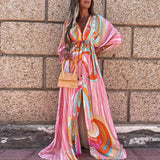 CHICDEAR Elegant Gorgeous Printing Dress Plus Sizewomen Casual Elastic Waist Long Party Dress 2023 Summer Loose Slit Beach Dress A932