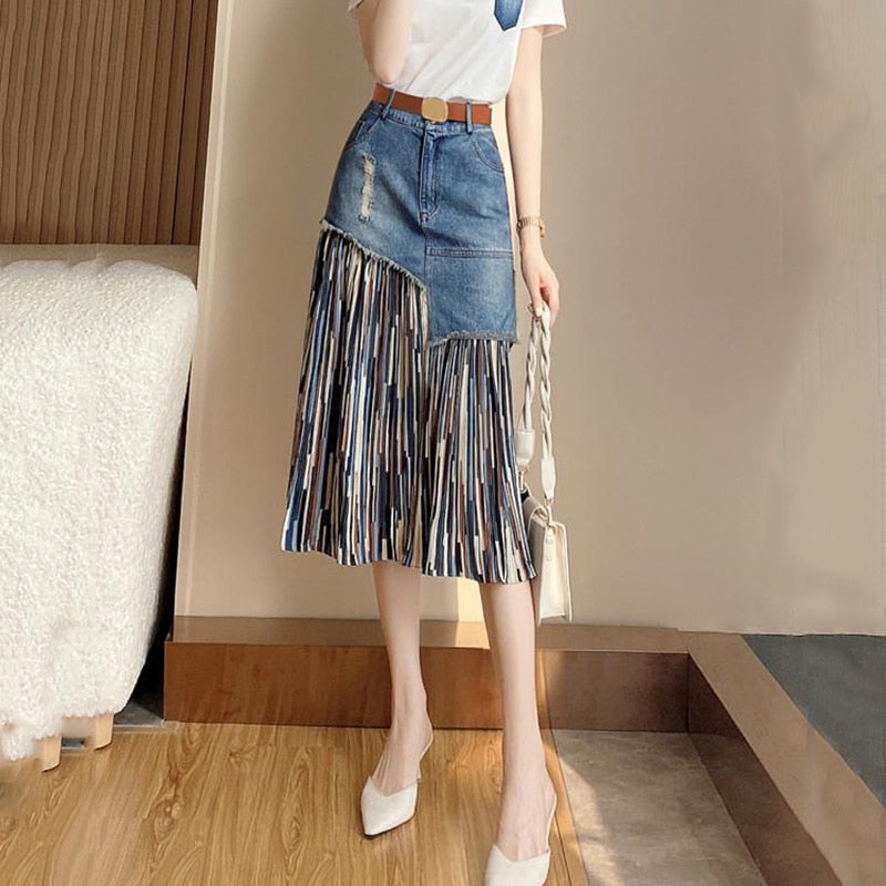 CHICDEAR Summer Irregular Jeans Skirts Women Korean Fashion High Waist Patchwork Tulle Skirt Woman Y2K Pockets Long Denim Skirts