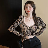 CHICDEAR Y2K Long Sleeve T-Shirts Women Sexy Leopard Print V-Neck Skinny Cropped T Shirt Woman 2023 Summer Streetwear Crop Tops