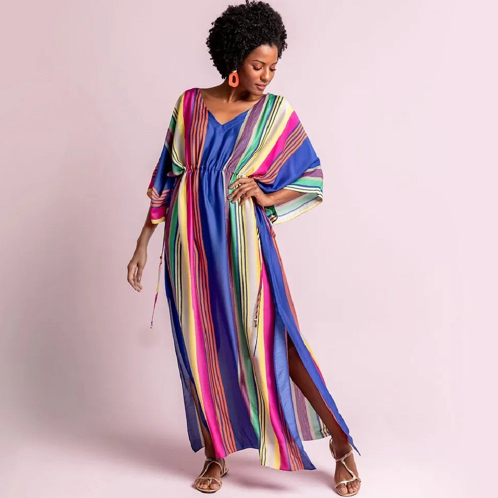 CHICDEAR 2023 Bohemian Multicolored Striped V-Neck Bat Sleeve High Waist Summer Beach Dress Plus Size Women Beachwear Maxi Dress Q1033