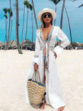 CHICDEAR 2023 Sexy Hollow Out White  Summer Dress Beach Tunic Women Beachwear Long Sleeve Front Open Self Belted Maxi Dresses Q964